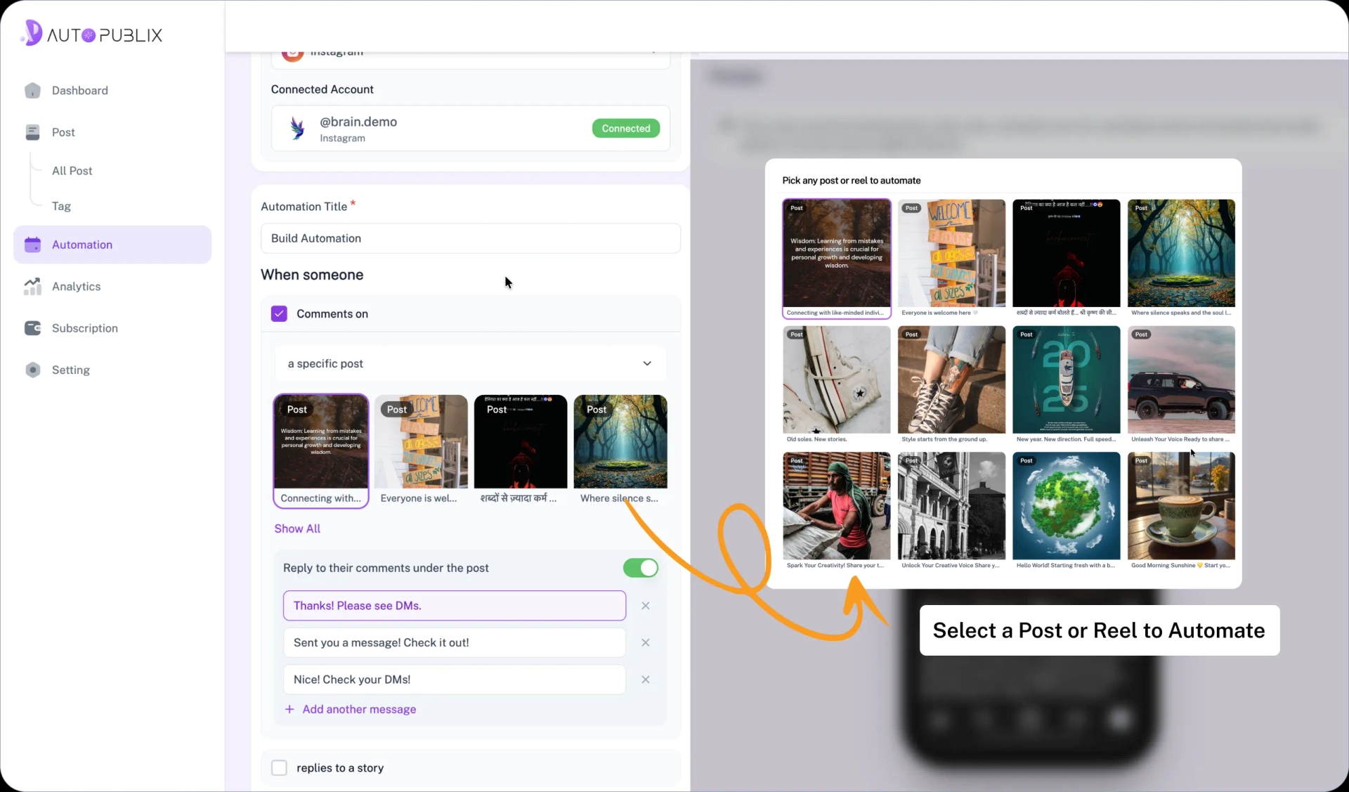 AutopubliX Analytics style preview for selecting posts or reels.