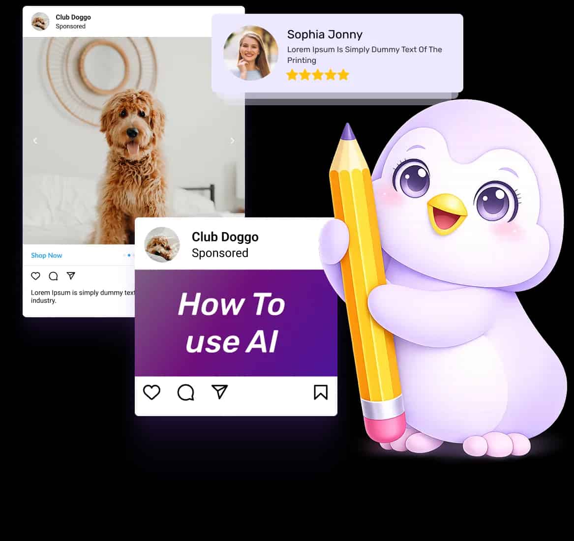 AutopubliX AI content creation interface with social media posts and mascot AutopubliX AI content creation interface with social media posts and mascot