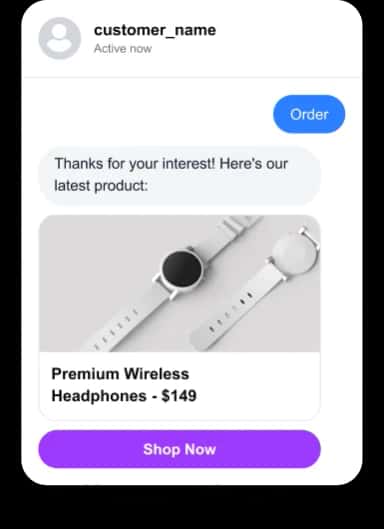 AutopubliX chat interface with order and shop now buttons AutopubliX chat interface with order and shop now buttons