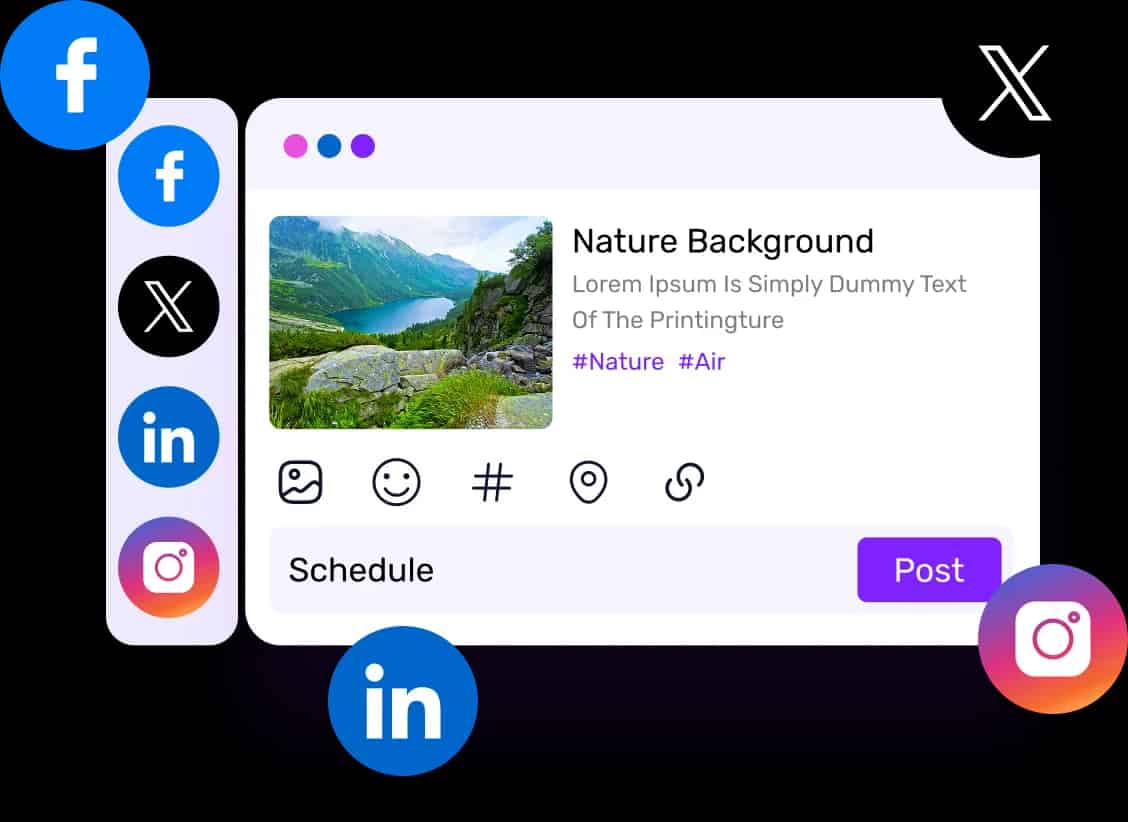 AutopubliX AI content creation interface with social media posts and mascot AutopubliX AI content creation interface with social media posts and mascot