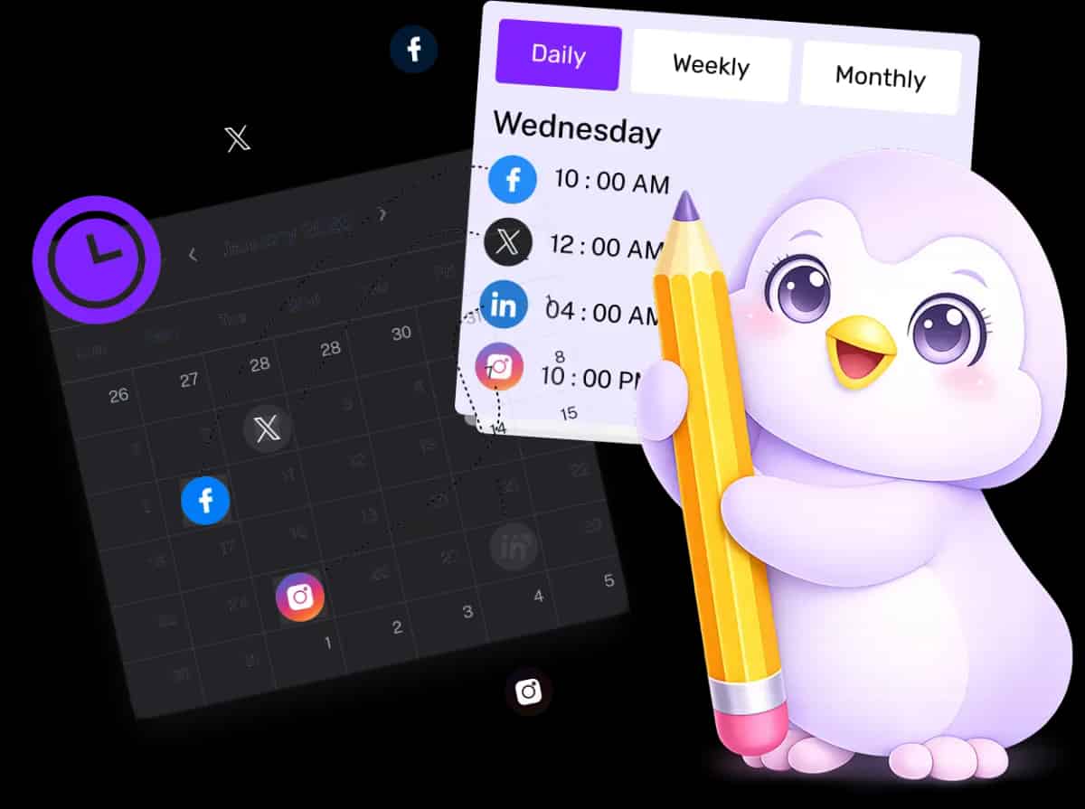 AutopubliX AI content creation interface with social media posts and mascot AutopubliX AI content creation interface with social media posts and mascot
